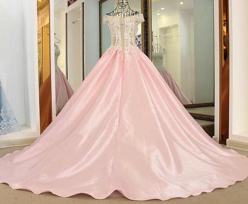 Pink Satin Ball Gowns Wedding Dresses Lace Embroidery And Crystal Beaded