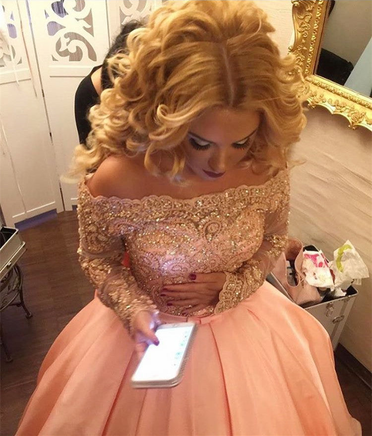 Gold Lace Long Sleeves Off Shoulder Ball Gowns Satin Blush Wedding Dresses