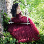 Cargar imagen en el visor de la galería, Burgundy Lace Appliques Off Shoulder Tulle Wedding Dresses Ball Gowns
