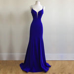 Load image into Gallery viewer, Royal Blue Satin V Neck Mermaid Evening Dresses With Cross Back

