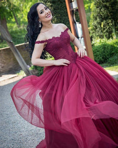 Burgundy Lace Appliques Off Shoulder Tulle Wedding Dresses Ball Gowns