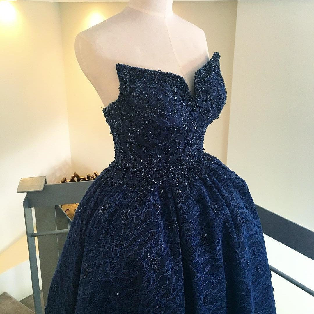 Beading Strapless Lace Prom Dresses Front Short Long Back Evening Gowns