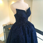 Load image into Gallery viewer, Beading Strapless Lace Prom Dresses Front Short Long Back Evening Gowns
