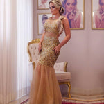 Load image into Gallery viewer, champagne crystal beaded long tulle open back mermaid evening dress
