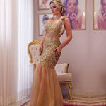 Afbeelding in Gallery-weergave laden, champagne crystal beaded long tulle open back mermaid evening dress
