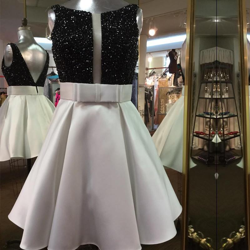Black Beaded Top White Satin Prom Homecoming Dress Short