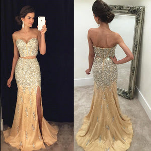 Two Piece Prom Dresses Mermaid Crystal Beaded 2019 Luxury