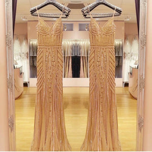 V Neck Long Tulle Mermaid Evening Dresses With Gold Beading