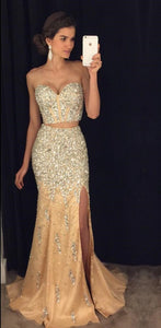Two Piece Prom Dresses Mermaid Crystal Beaded 2019 Luxury
