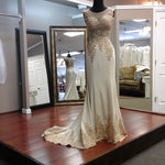 Load image into Gallery viewer, ivory chiffon mermaid prom dresses with gold lace appliques
