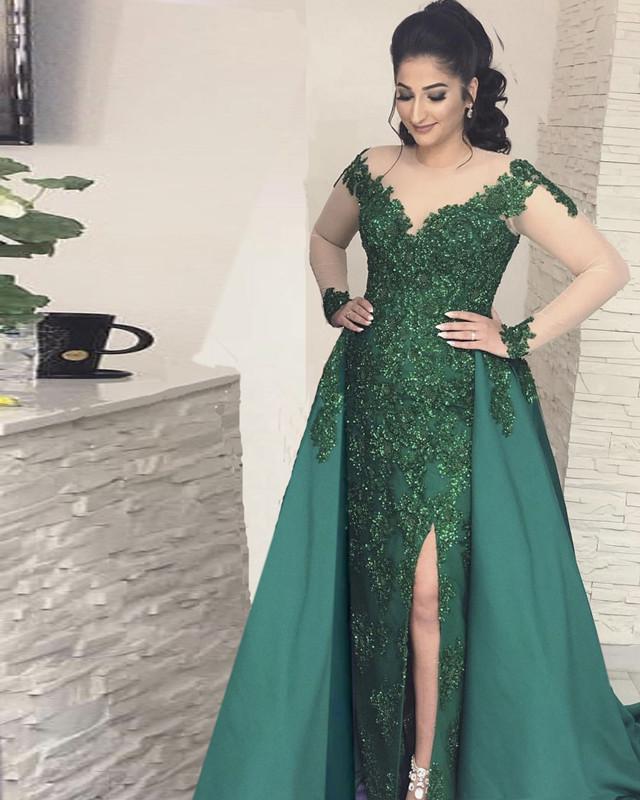 Sheer Long Sleeves Leg Slit Satin Mermaid Evening Dresses Lace Appliques