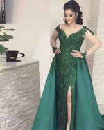 Load image into Gallery viewer, Sheer Long Sleeves Leg Slit Satin Mermaid Evening Dresses Lace Appliques
