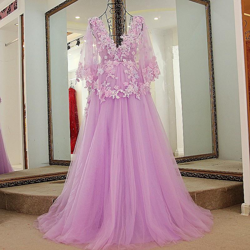 Lilac Tulle Long V Neck Puffy Sleeves Evening Dresses With Flower