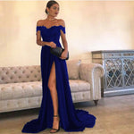 Load image into Gallery viewer, Sexy Leg Slit Long Satin Sweetheart Prom Dresses Lace Off The Shoulder Evening Gowns
