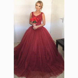 Lace Cap Sleeves V Neck Ball Gowns Wedding Dresses Burgundy