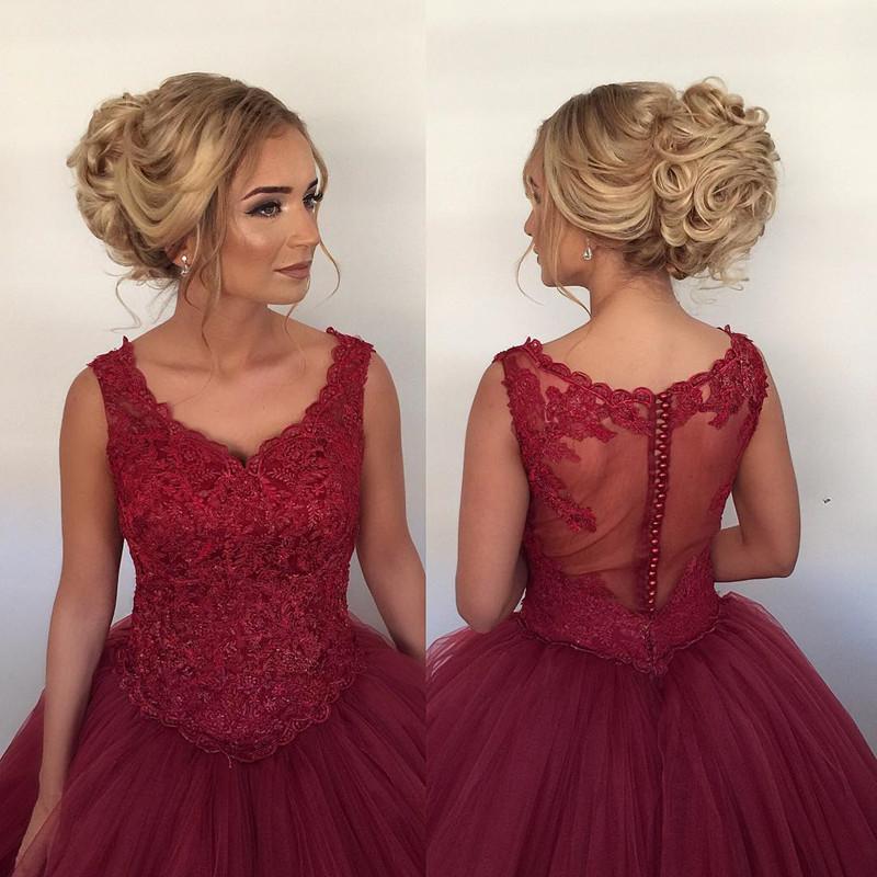 Lace Cap Sleeves V Neck Ball Gowns Wedding Dresses Burgundy