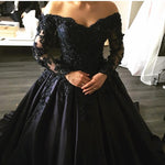 Cargar imagen en el visor de la galería, Black-Lace-Long-Sleeves-Wedding-Dresses-Satin-Ball-Gowns

