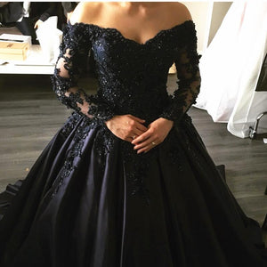 Black-Lace-Long-Sleeves-Wedding-Dresses-Satin-Ball-Gowns