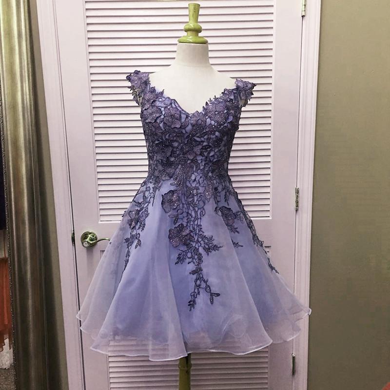 Lace Embroidery V Neck Organza Ruffles Homecoming Party Dresses Short