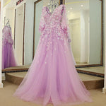 Load image into Gallery viewer, Lilac Tulle Long V Neck Puffy Sleeves Evening Dresses With Flower
