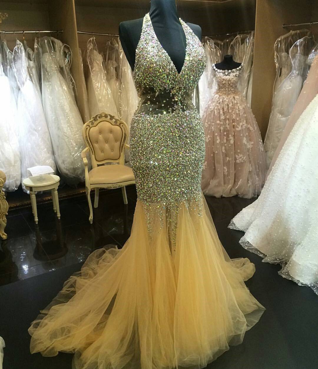 Halter Tulle Crystal Beaded Mermaid Evening Dresses Prom Gowns 2017 Sexy
