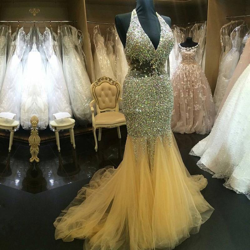 Halter Tulle Crystal Beaded Mermaid Evening Dresses Prom Gowns 2017 Sexy