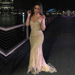 Load image into Gallery viewer, Golden Beaded V Neck Nude Tulle Mermaid Evening Dresses 2017
