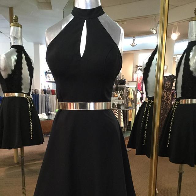 Short Black Keyhole Back Homecoming Dresses With Gold Belt
