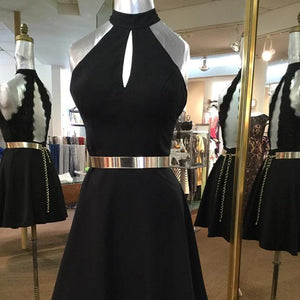 Short Black Keyhole Back Homecoming Dresses With Gold Belt