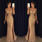 Load image into Gallery viewer, Deep V Neck Leg Slit Champagne Prom Dress Mermaid Evening Gowns
