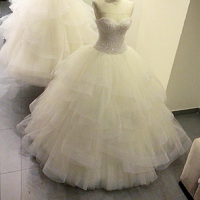 Sweetheart Ball Gown Wedding Dresses Organza Ruffles With Crystal Beaded