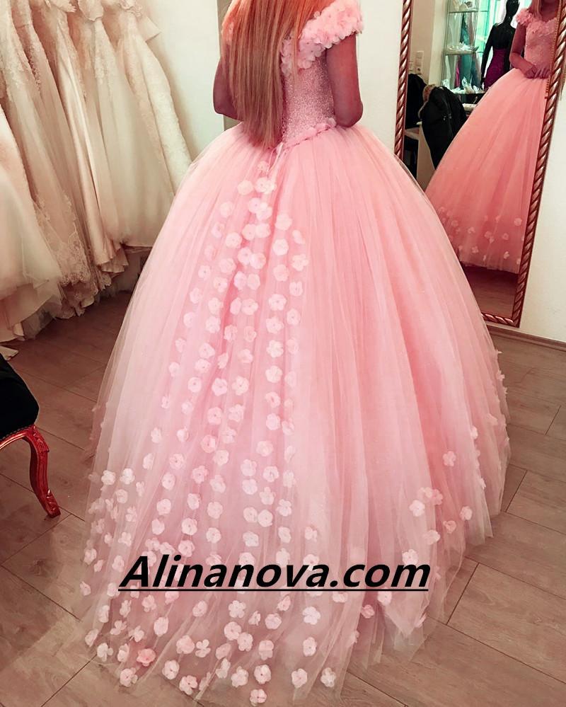 Blush Pink Flower Wedding Dresses Ball Gowns With Sequins Beaded Corset