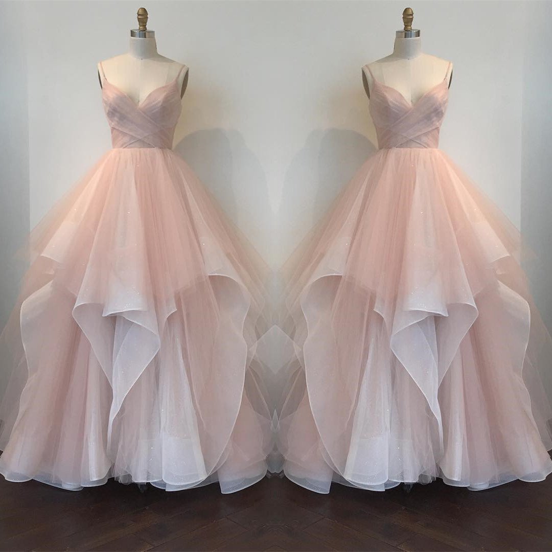 Blush Pink Champagne White Spaghetti Straps V Neck Tulle Wedding Ball Gown Dresses