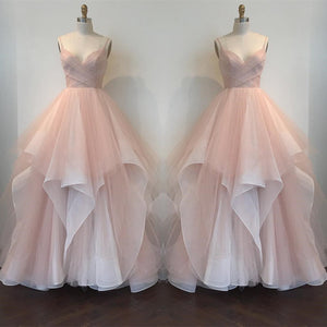 Blush Pink Champagne White Spaghetti Straps V Neck Tulle Wedding Ball Gown Dresses