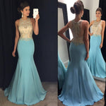Load image into Gallery viewer, Gorgeous Beaded Halter Light Blue Satin Prom Dresses Mermaid
