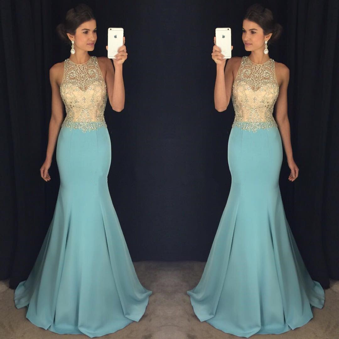 Gorgeous Beaded Halter Light Blue Satin Prom Dresses Mermaid