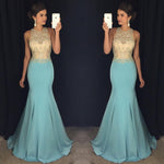Load image into Gallery viewer, Gorgeous Beaded Halter Light Blue Satin Prom Dresses Mermaid
