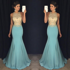 Gorgeous Beaded Halter Light Blue Satin Prom Dresses Mermaid