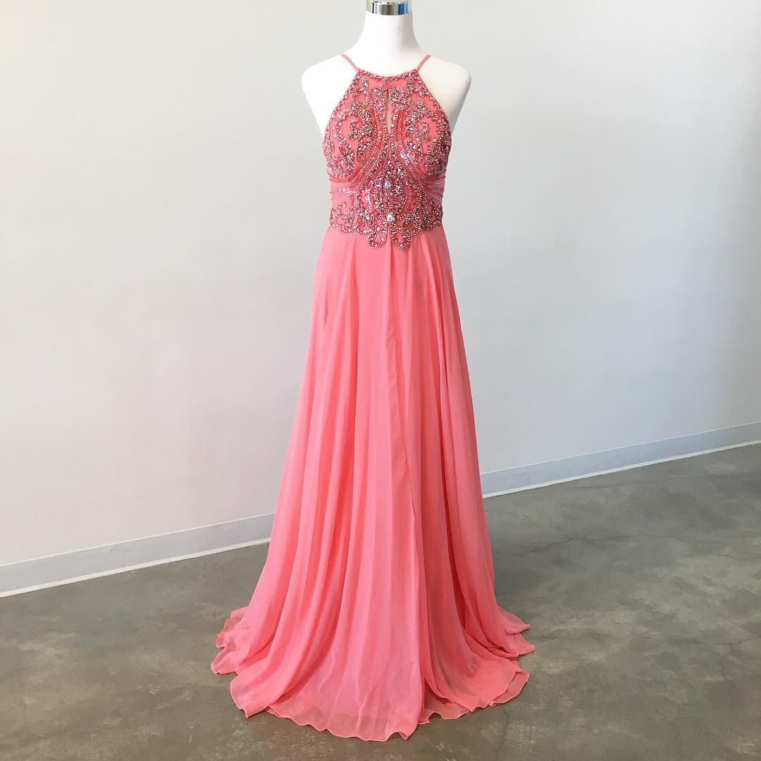 long chiffon coral pink prom dresses beaded halter top 2017 elegant