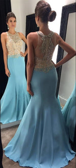 Load image into Gallery viewer, Gorgeous Beaded Halter Light Blue Satin Prom Dresses Mermaid
