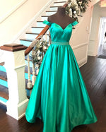 Load image into Gallery viewer, green satin ball gowns prom dresses off the shoulder 2017 elegant
