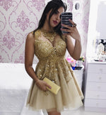 Load image into Gallery viewer, Elegant Lace Appliques Gold Tulle Prom Homecoming Dresses 2017
