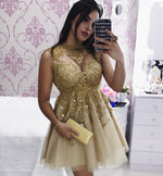 Cargar imagen en el visor de la galería, Elegant Lace Appliques Gold Tulle Prom Homecoming Dresses 2017
