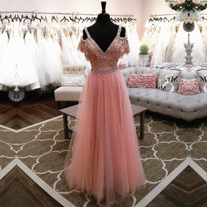 Elegant Off The Shoulder Long Tulle Pink Prom Dresses Evening Gowns 2017