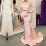 Afbeelding in Gallery-weergave laden, elegant pink lace long sleeves mermaid evening dresses two piece prom dress
