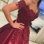 Load image into Gallery viewer, Burgundy satin ball gown wedding dresses off the shoulder
