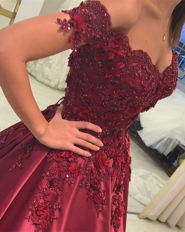 In Stock Burgundy Quinceanera Dresses Ball Gowns Lace V-neck Off Shoulder