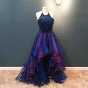 Stunning Beaded Halter Organza Ruffle Ombre Prom Dress Front Short Long In The Back