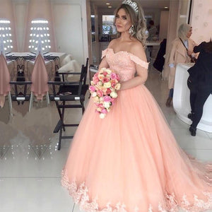 Peach Tulle Sweetheart Princess Wedding Dresses Lace Off Shoulder