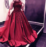 Afbeelding in Gallery-weergave laden, Vintage Lace Cap Sleeves Long Satin Burgundy Wedding Dresses Ball Gowns
